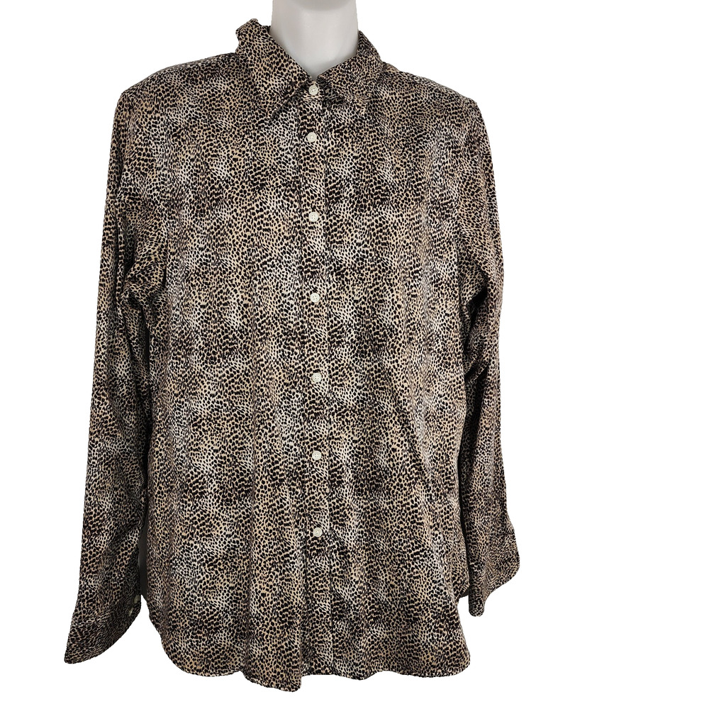 Chaps Womens No Iron Shirt Size L Animal Print Long Sleeve Button Front Cotton